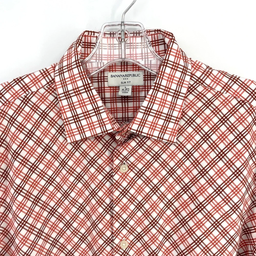 Banana Republic Mens Slim Fit Button Down Shirt Large L Red White‎ Plaid Cotton
